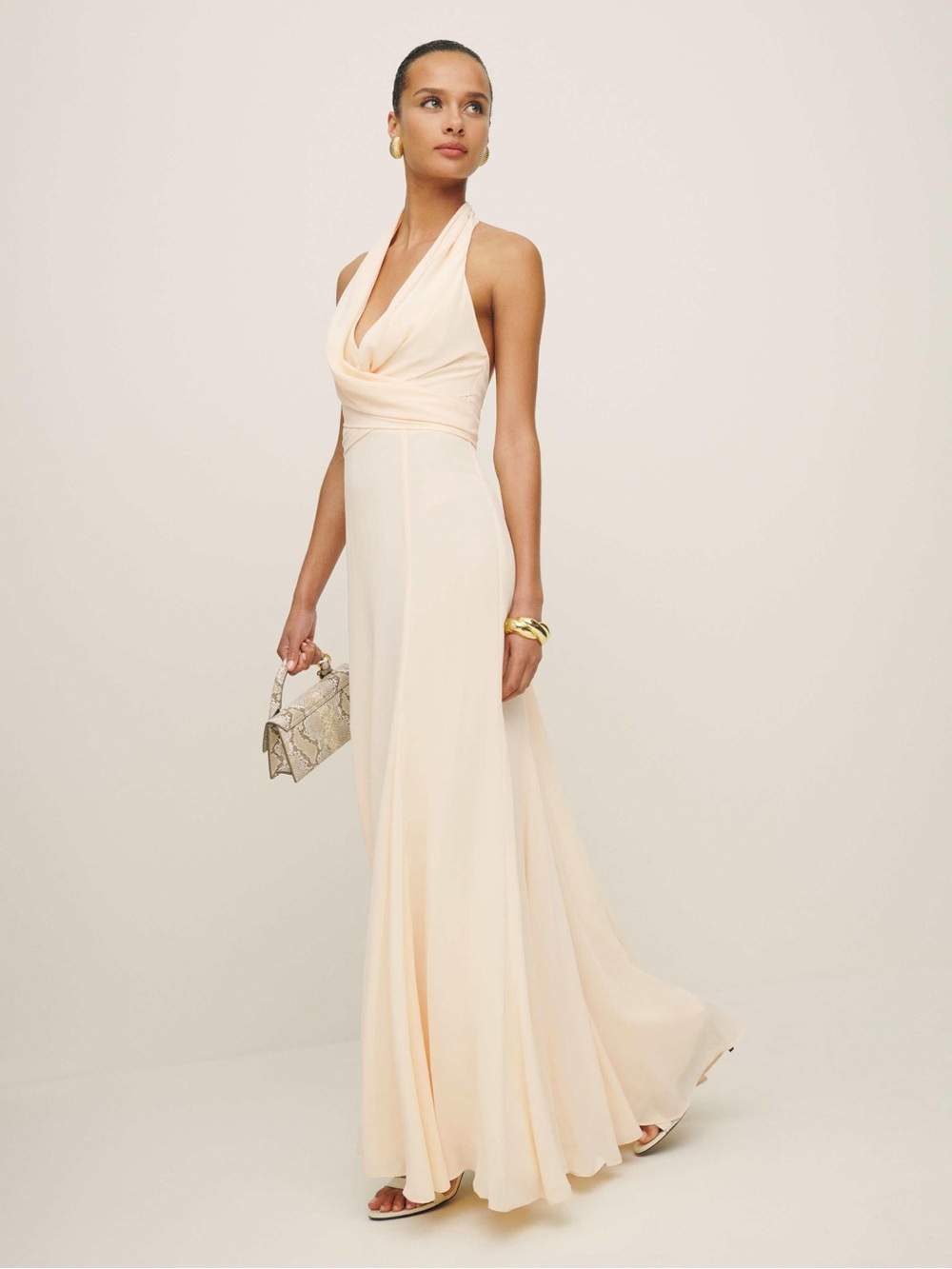 Reformation Cream Halter Cowl-Neck Gown